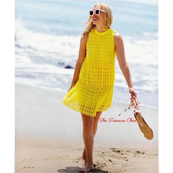Lilly Pulitzer Size XS Indira Swing Dress Lilly’s Lemon 🍋 Eyelet High Neck Mini - Picture 1 of 12